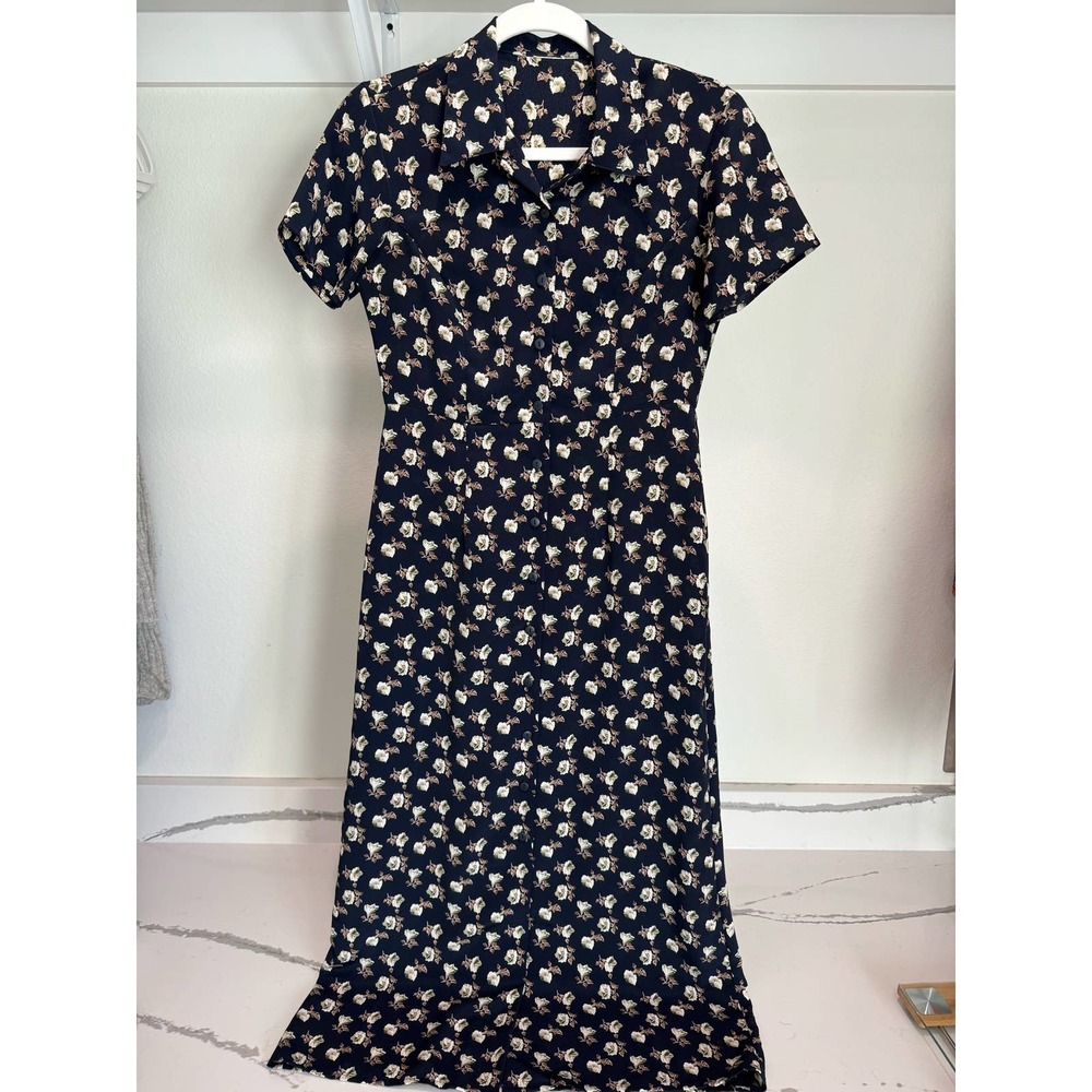 Navy Floral Collared Dress - No Brand - Probably Size Small‎ - See photos